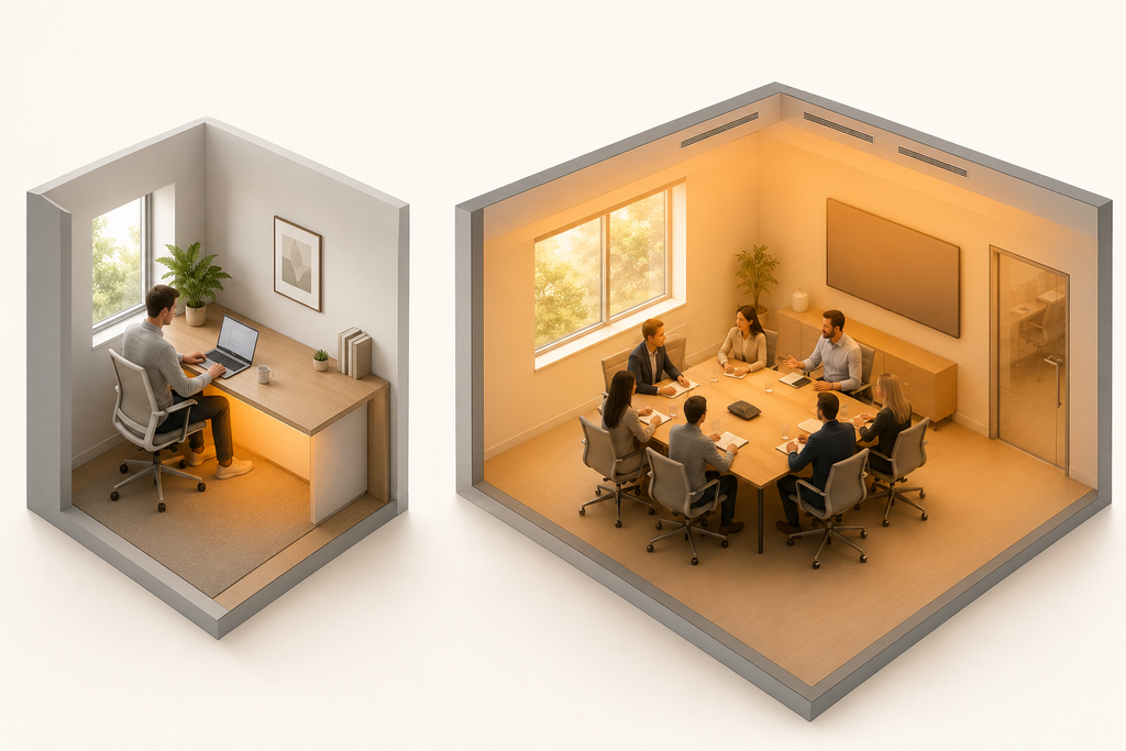 Isometric comparison of a radiant panel providing targeted warmth beneath a desk and a system heating an entire meeting room.