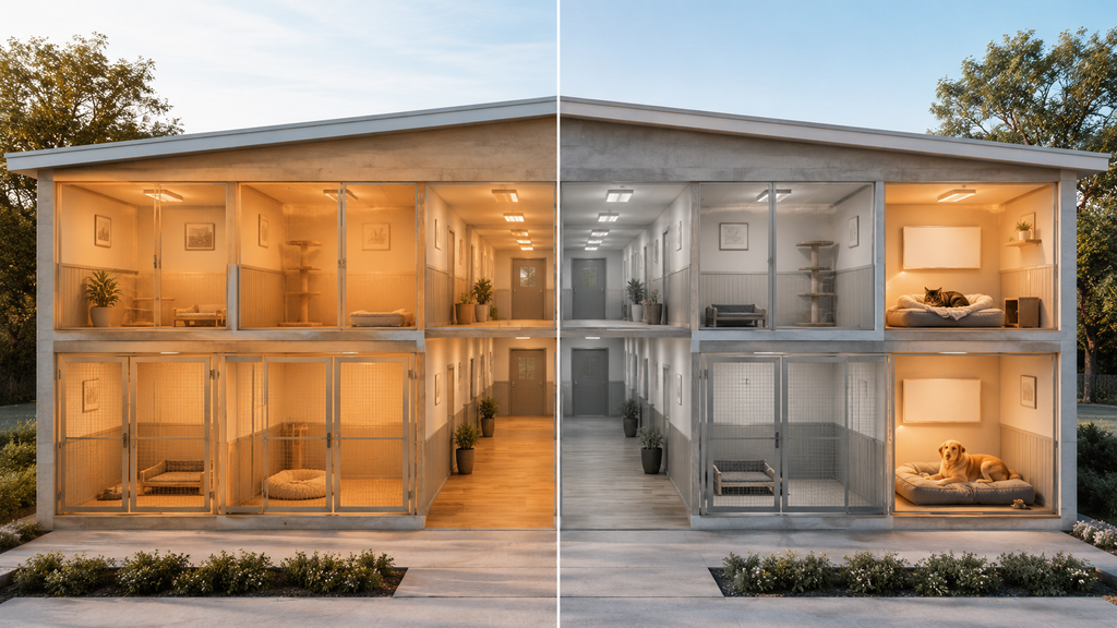 Comparison of whole-building heating and targeted heating in occupied kennel and cattery resting areas.