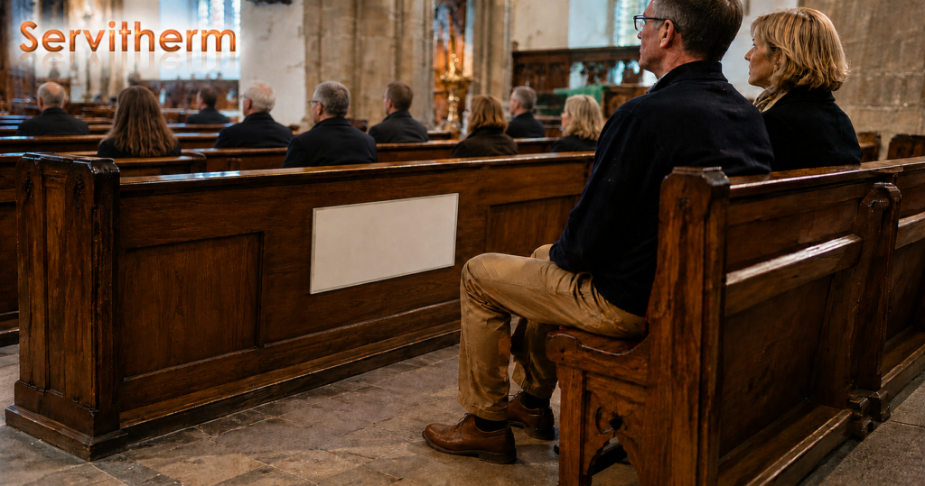Servitherm radiant panel fitted to a church pew facing seated congregants’ legs
