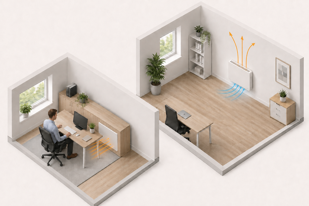 Correct positioning of a radiant panel beneath a desk compared with the clear airflow required around a convection heater.