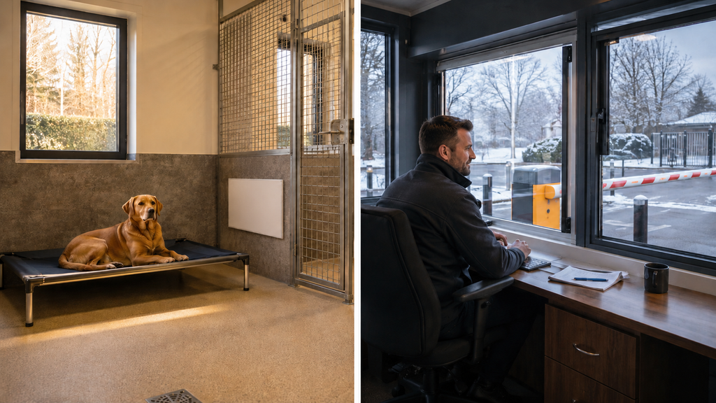 Servitherm radiant panel beside a dog’s kennel bed and an employee working in a cold-weather gatehouse