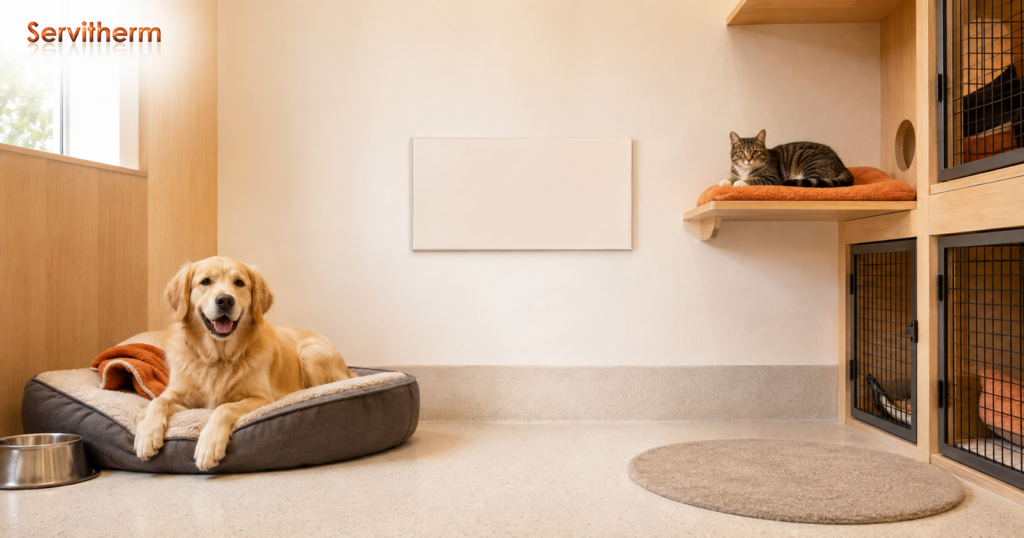 Dog and cat resting in a modern kennel and cattery with a wall-mounted Servitherm radiant panel.