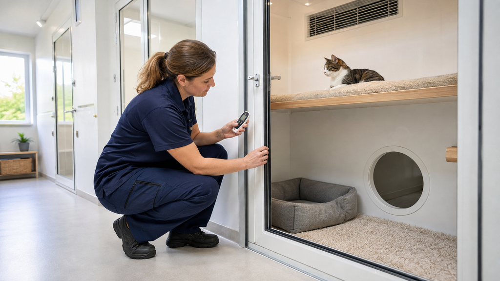 Cattery worker checking a digital thermometer and door seal while a cat rests beside an unobstructed ventilation grille.