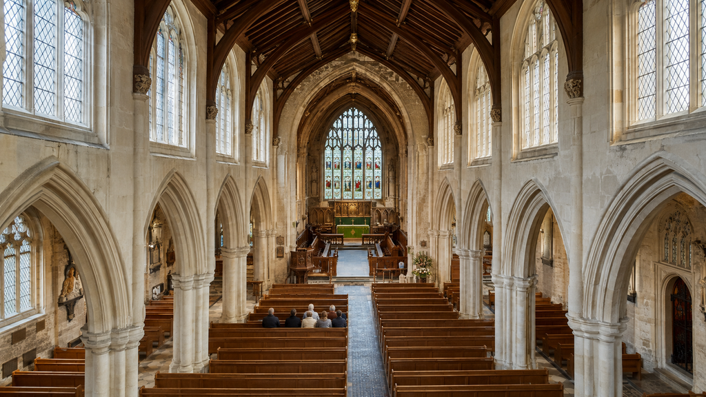 Small congregation seated within the large interior of a high-ceilinged historic church