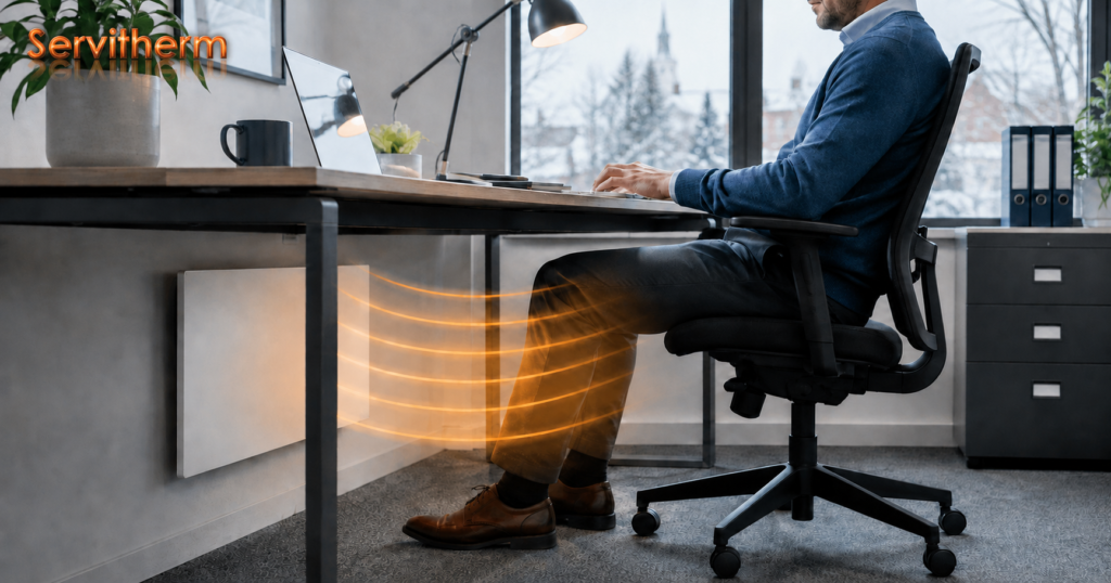 Servitherm radiant panel heater providing direct warmth beneath an office desk