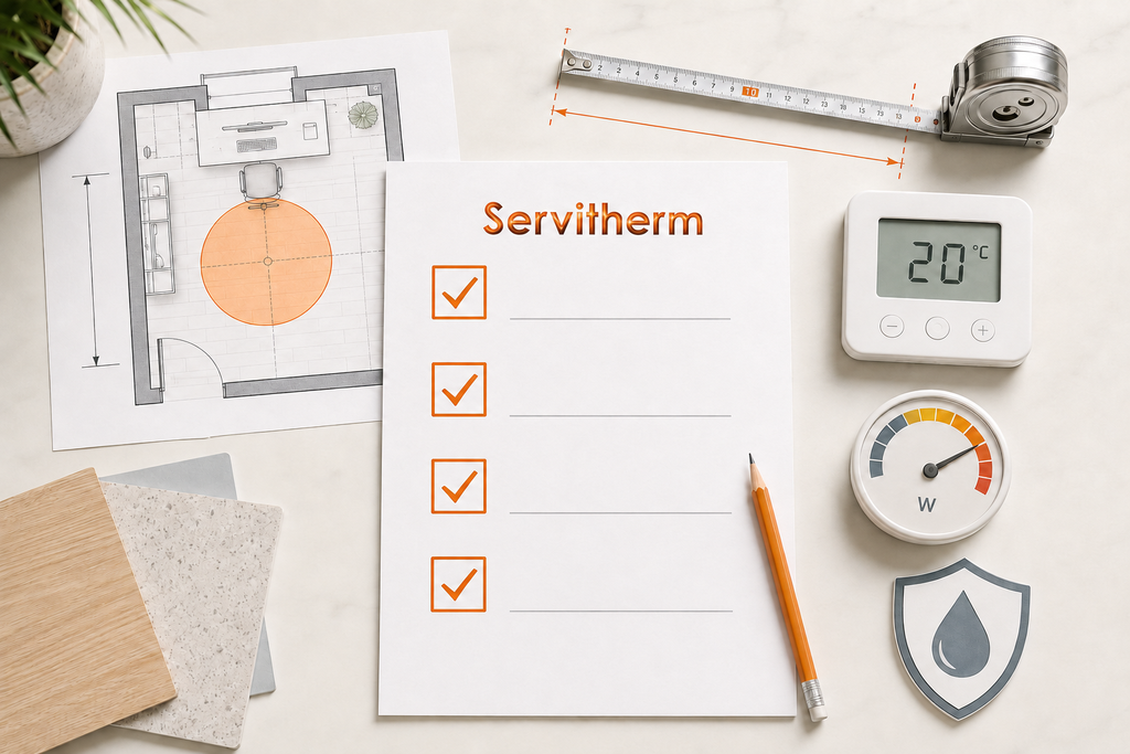 Servitherm checklist showing heating area, available mounting space, wattage, thermostat control and environmental protection.