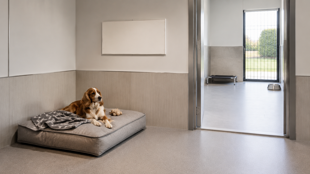 Dog resting beneath a safely wall-mounted Servitherm panel with access to a cooler kennel area.