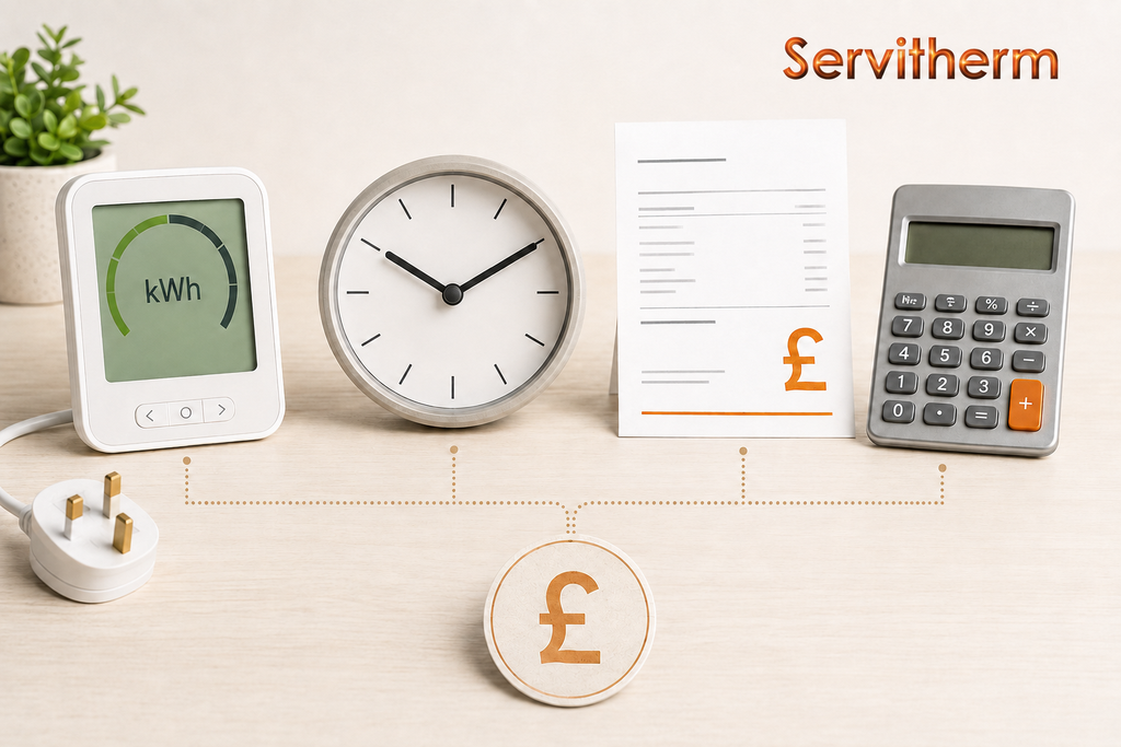Smart meter, clock, electricity bill and calculator illustrating how radiant heating running costs are calculated.