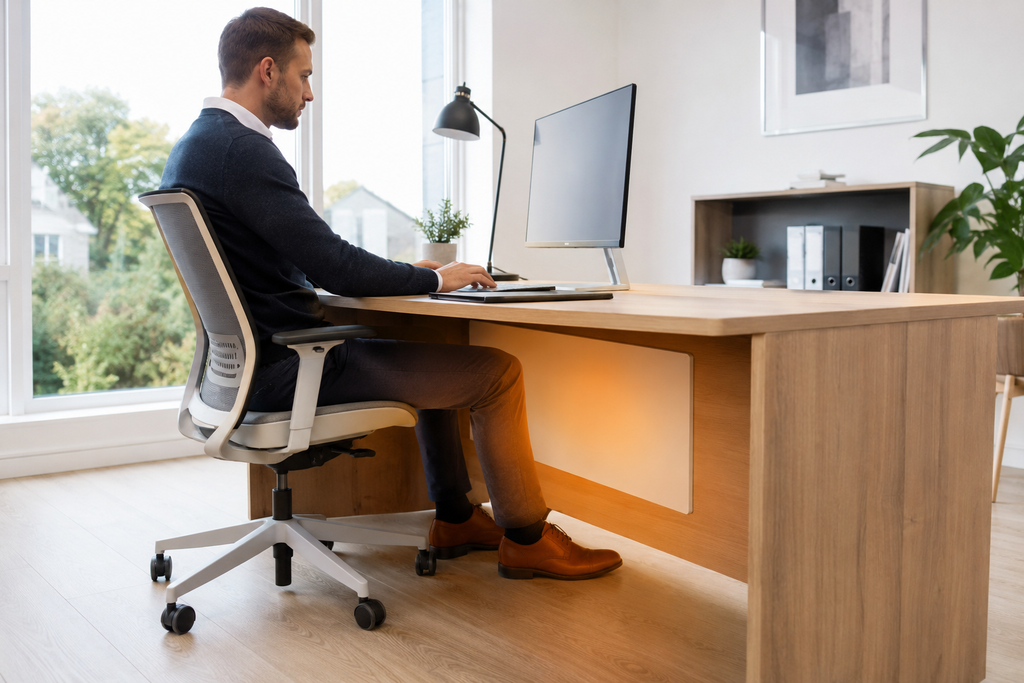 Radiant heating panel correctly mounted beneath a desk with its surface facing the seated user’s legs.