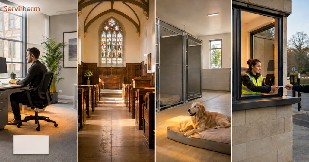 Radiant panel heating applications in an office, church, dog kennel and staffed gatehouse