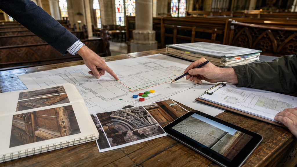 Church heating installation plans reviewed alongside photographs of historic pews and proposed cable routes