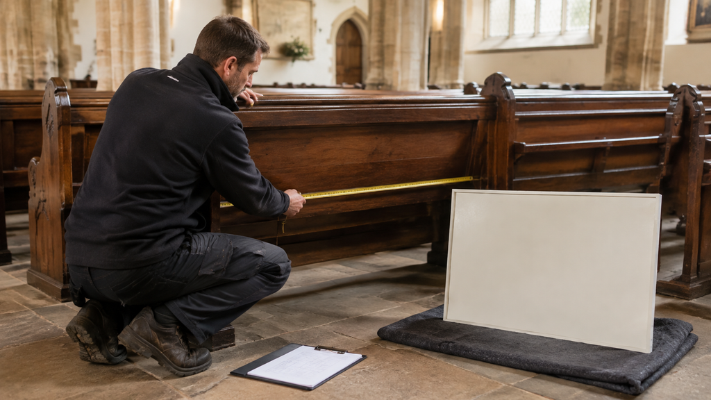 Technician measuring a church pew before installing a Servitherm radiant panel