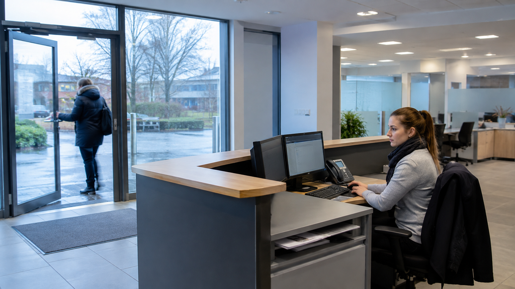 Reception workstation exposed to cold air from a frequently opened office entrance