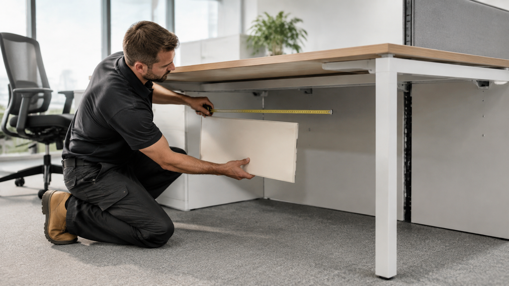 Technician measuring an office desk for the correct positioning of a Servitherm radiant panel