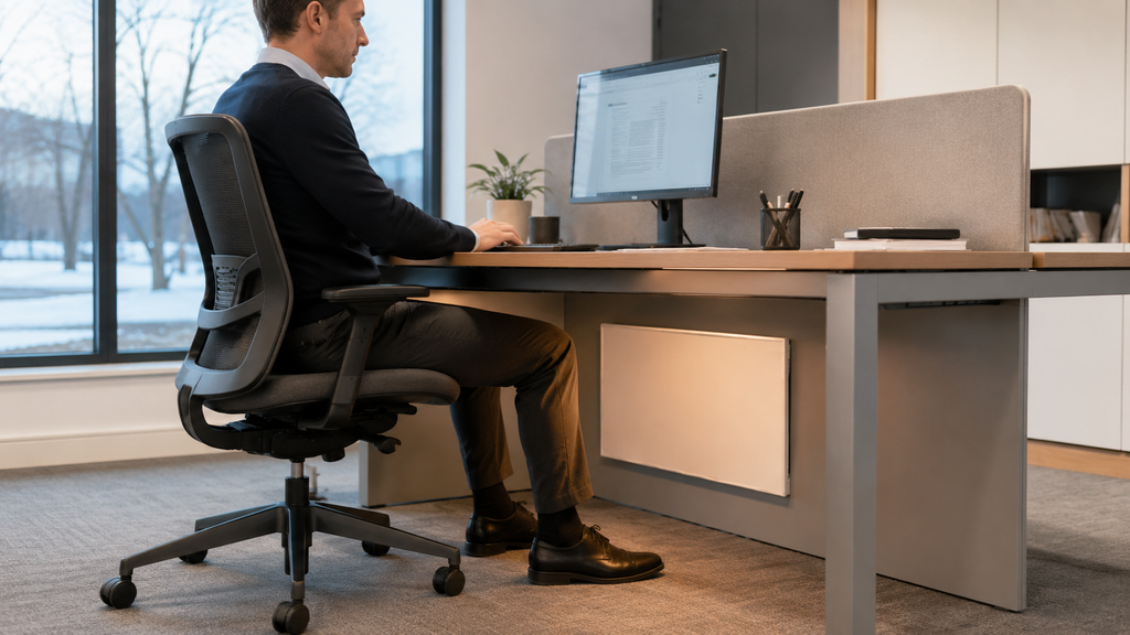 Servitherm radiant panel installed beneath an office desk facing a seated employee’s legs
