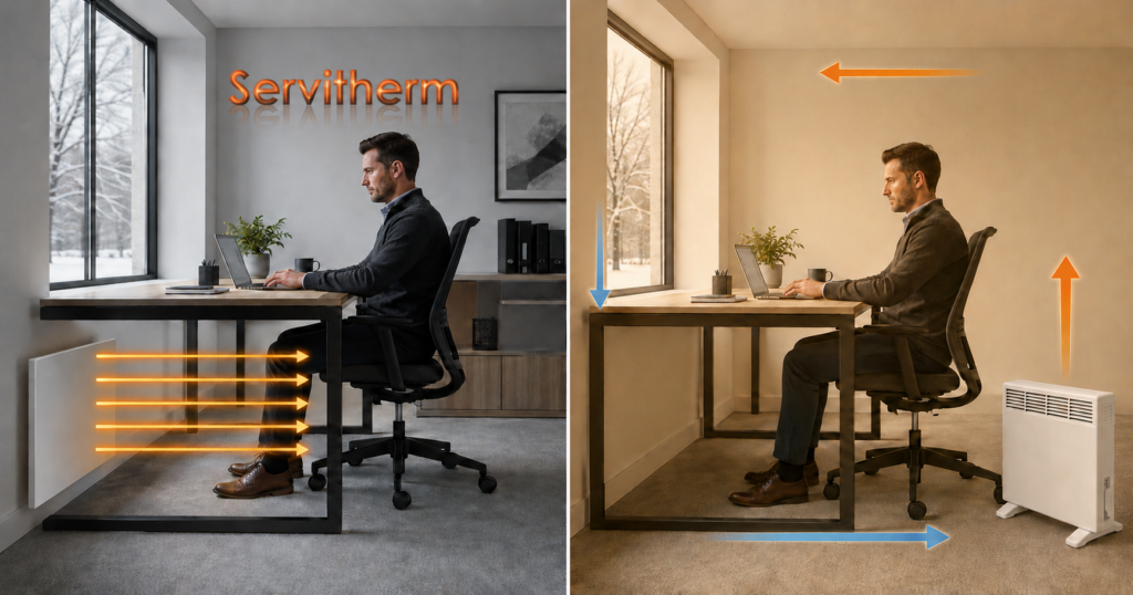 Radiant panel heater directing warmth towards an office worker compared with a convection heater circulating warm air