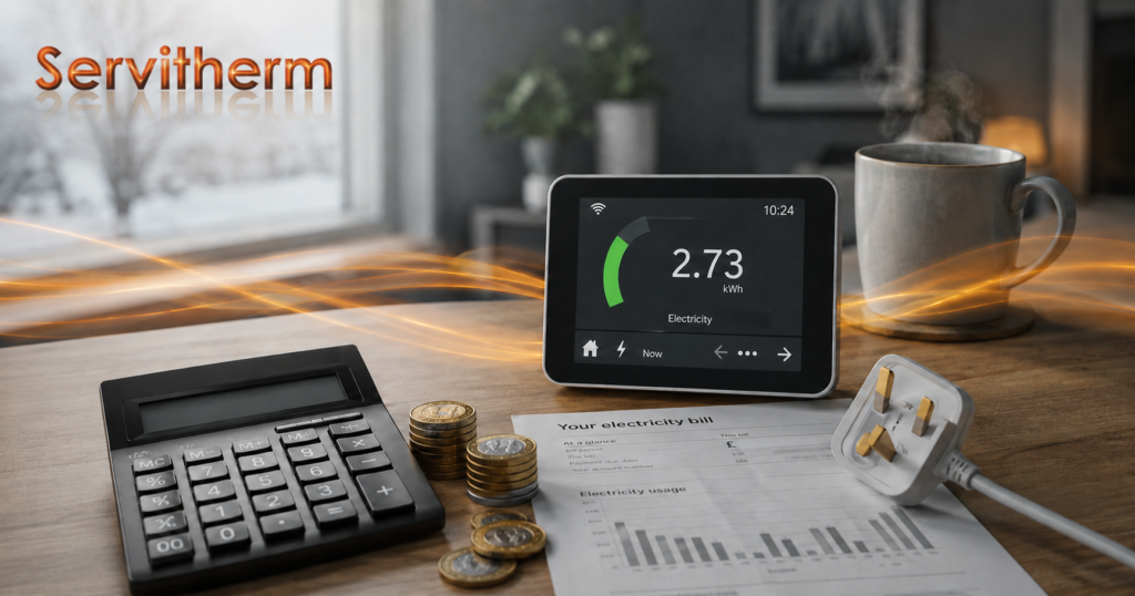 Smart meter, calculator and British currency illustrating radiant panel heater running costs