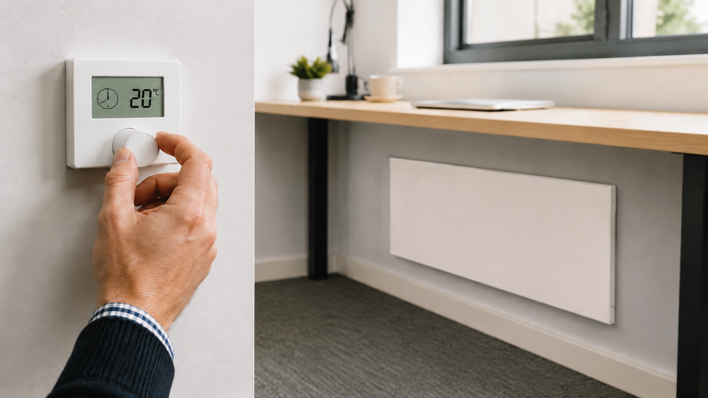 Thermostat controlling a Servitherm radiant panel installed beneath an office desk