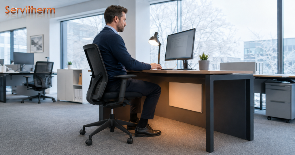 Servitherm radiant panel installed beneath an office desk facing an employee’s legs