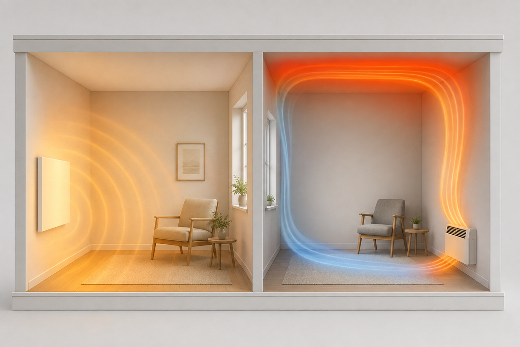 Radiant panel providing direct, even warmth compared with convection heat rising and gathering near the ceiling.