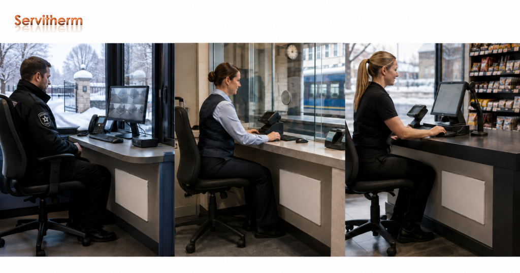 Servitherm panels providing localised heating at a gatehouse, ticket office and retail checkout workstation.